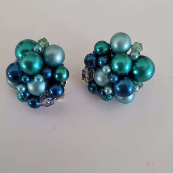 Japan Vintage Plastic Bead Multi Strand Necklace Cluster Earrings Set Blue Green - Picture 8 of 8